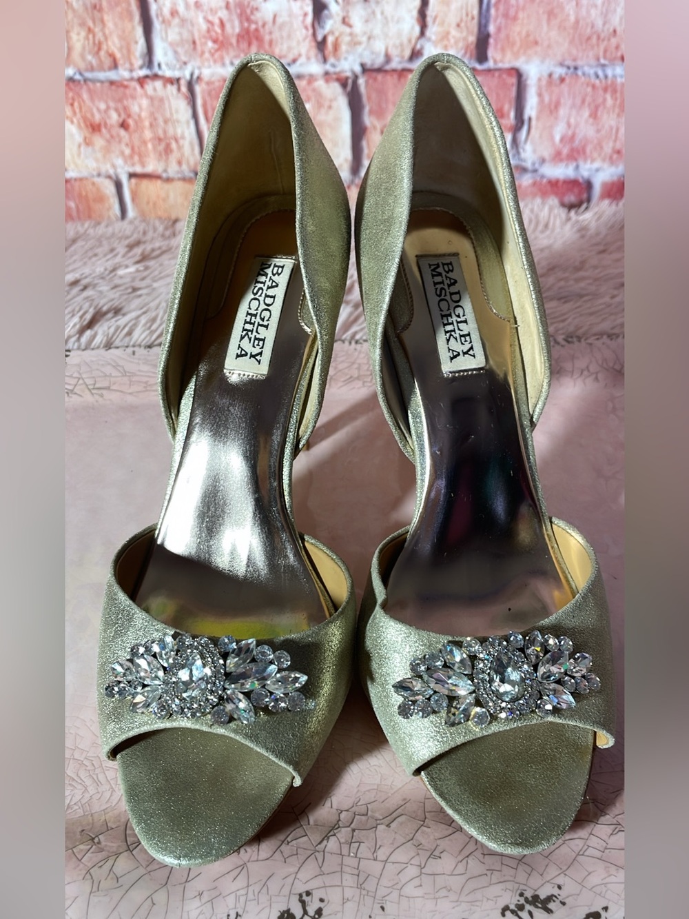 Badgley Mischka Gold Crystal‑Embellished Peep‑Toe Heels